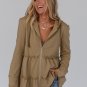 Khaki Tiered Ruffled Zip-Up Drawstring Hooded Jacket