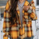 Orange Plaid Patch Hooded Frayed Snap Button Jacket