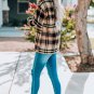 Orange Geometric Plaid Print Pocketed Shacket