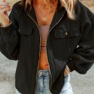 Black Flap Pocket Drawstring Hood Zip Up Jacket