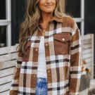 Brown Pocketed Buttoned Plaid Shirt Jacket