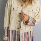 Button Up Pockets Striped Color Block Corduroy Jacket