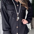 Black Sequin Patch Chest Pocket Corded Shacket
