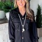 Black Sequin Patch Chest Pocket Corded Shacket