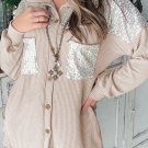 Parchment Sequin Patch Chest Pocket Corded Shacket