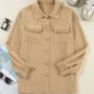 Light French Beige Solid Frilled Flap Pocket Button Up Corduroy Shacket