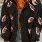 Black Sequined Rugby Pattern Pocketed Zipper Hooded Jacket