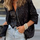 Black Sequin Zip up Round Neck Long Sleeve Jacket