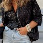 Black Sequin Zip up Round Neck Long Sleeve Jacket