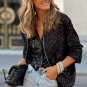 Black Sequin Zip up Round Neck Long Sleeve Jacket