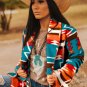 Sky Blue Aztec Printed Lapel Bell Sleeve Jacket