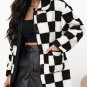 Black Checkered Side Pockets Collared Buttoned Fleece Jacket