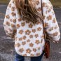 Light French Beige Cute Flower Pattern Button Up Fleece Jacket