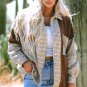Khaki Houndstooth Color Contrast Textured Patchwork Loose Shacket