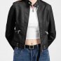 Black Faux Leather Snap Button Stand Neck Zipped Pocket Jacket