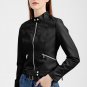 Black Faux Leather Snap Button Stand Neck Zipped Pocket Jacket