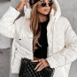 White Solid Quilted Hooded Zip Up Puffer Coat