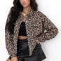 Dark Khaki Leopard Print Corduroy Irregular Hem Buttoned Jacket
