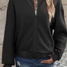 Black Solid Textured Stand Neck Zipper Bomber Jacket