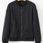 Black Solid Textured Stand Neck Zipper Bomber Jacket
