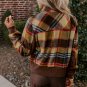 Brown Plaid Print Chest Pockets Button Zipper Stand Neck Jacket