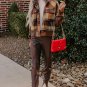Brown Plaid Print Chest Pockets Button Zipper Stand Neck Jacket