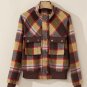 Brown Plaid Print Chest Pockets Button Zipper Stand Neck Jacket