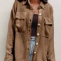 Dark Khaki Solid Color Corduroy Buttoned Long Sleeve Shacket