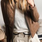 Chestnut Solid Faux Leather Zipper Slim Fit Bomber Jacket