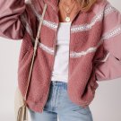 Rose Pink Sherpa Patchwork Lace Elastic Cuff Zip Up Jacket