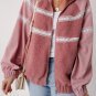Rose Pink Sherpa Patchwork Lace Elastic Cuff Zip Up Jacket