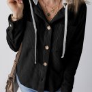Black Hooded Drawstring Pockets Corduroy Shacket