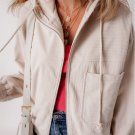 White Corduroy Drawstring Hooded Pocket Zip Up Jacket