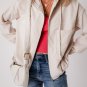 White Corduroy Drawstring Hooded Pocket Zip Up Jacket