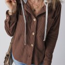 Coffee Hooded Drawstring Pockets Corduroy Shacket