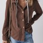 Coffee Hooded Drawstring Pockets Corduroy Shacket