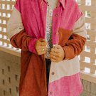 Rose Red Colorblock Curved Hem Corduroy Shacket with Pocket