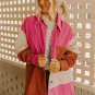 Rose Red Colorblock Curved Hem Corduroy Shacket with Pocket
