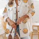 Beige Sequin Basketball Graphic Textured Snap Button Shacket