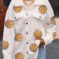 Beige Sequin Basketball Graphic Textured Snap Button Shacket
