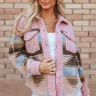 Pink Western Aztec Print Sherpa Splicing Buttoned Flap Pocket Coat