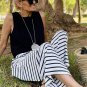 White Drawstring Striped Wide Leg Pants