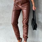 Brown Smocked High-Waist Leather Skinny Pants