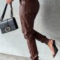 Brown Smocked High-Waist Leather Skinny Pants