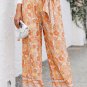 Grapefruit Orange Tie Waist Boho Floral Wide Leg Pants