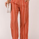 Orange Striped Shirred High Waist Straight Leg Pants
