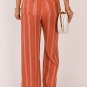 Orange Striped Shirred High Waist Straight Leg Pants