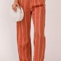 Orange Striped Shirred High Waist Straight Leg Pants