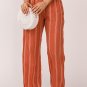 Orange Striped Shirred High Waist Straight Leg Pants