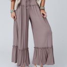 Khaki Frilled Drawstring High Waist Wide Leg Pants